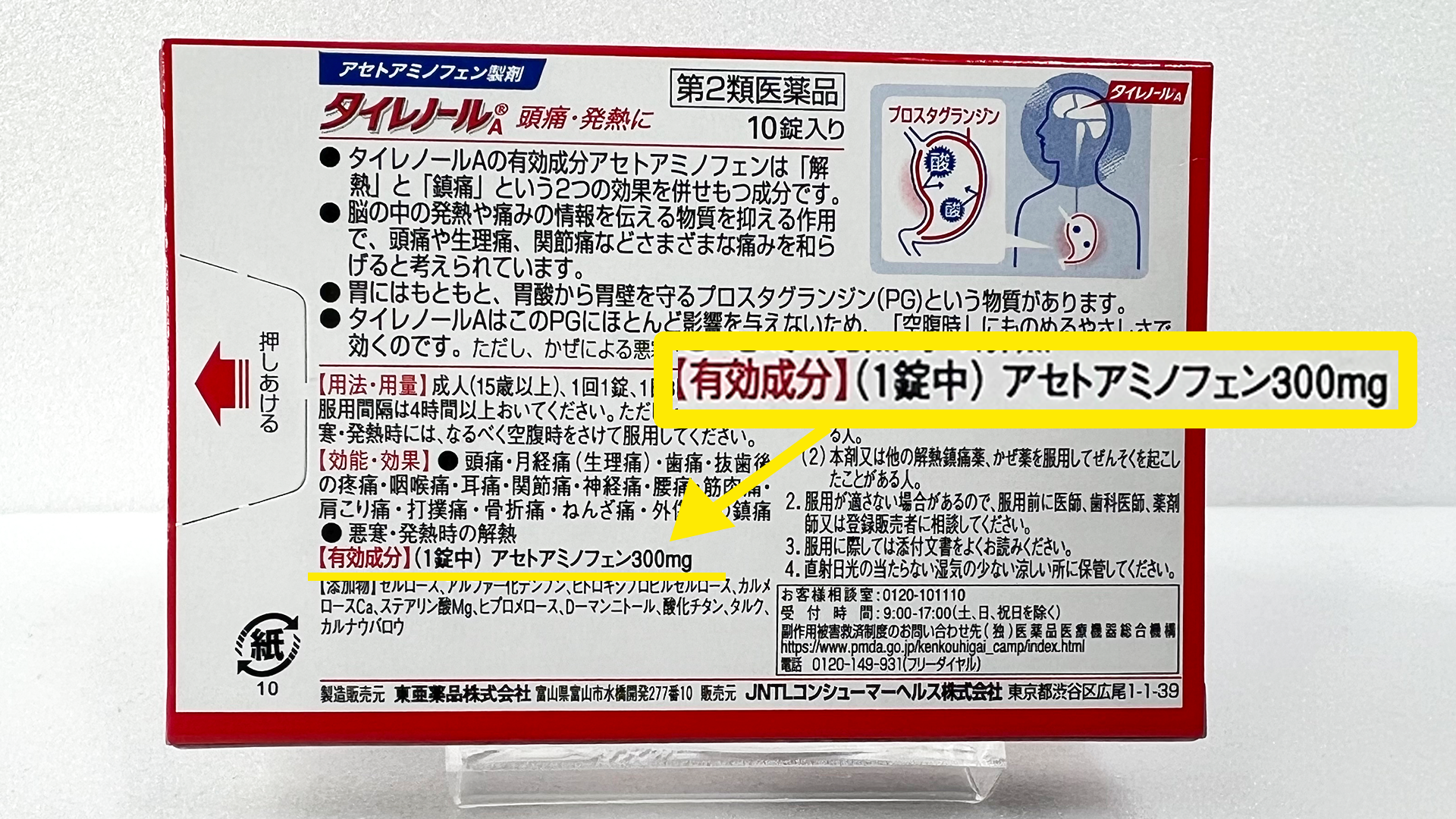 Japanese medicine box showing アセトアミノフェン acetaminophen in the ingredients section