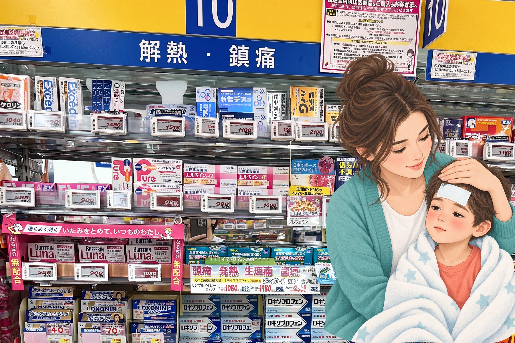 Fever and pain medicine shelf at a Japanese drugstore