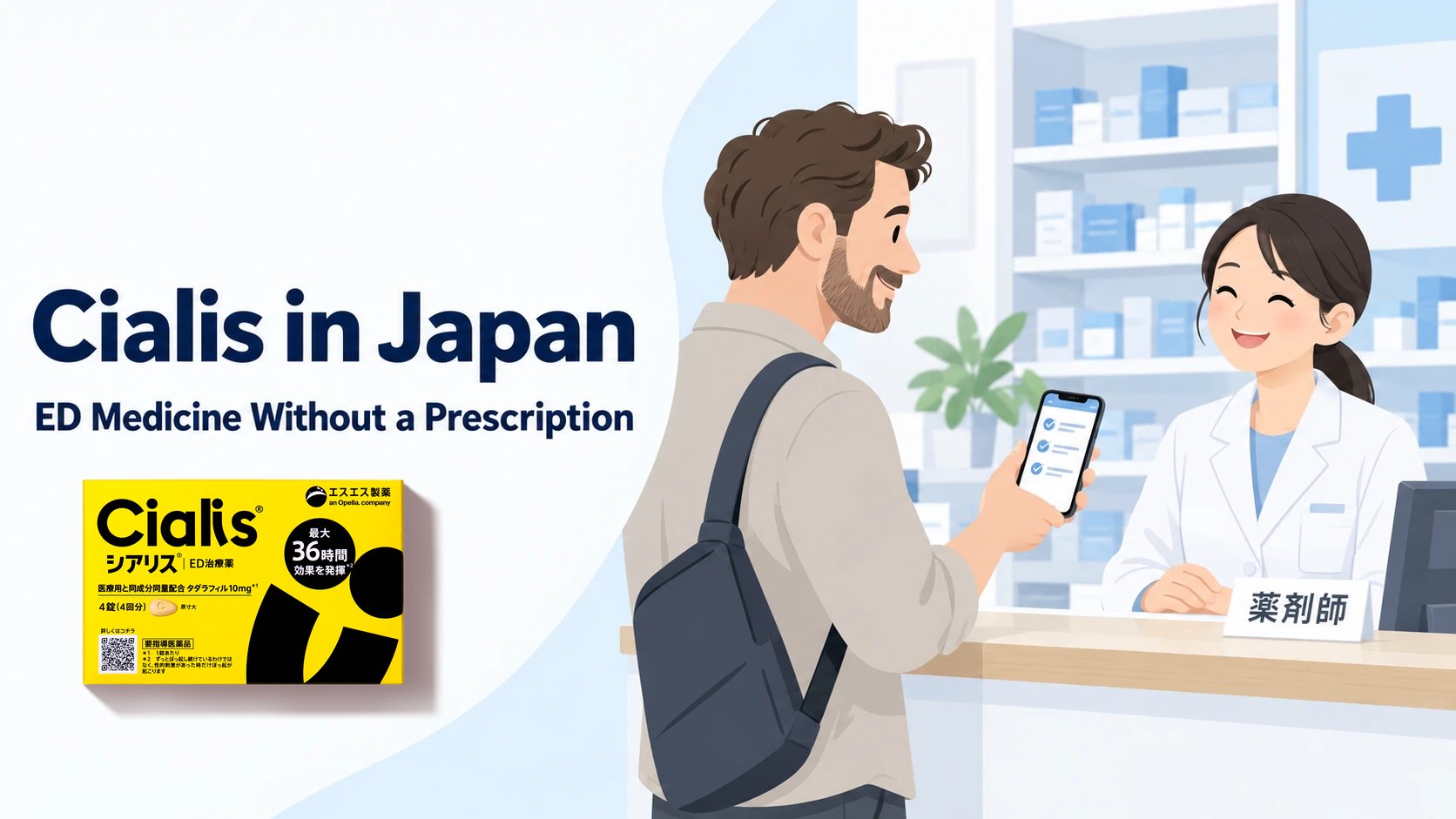 Cialis in Japan: a man shows his check sheet on his phone to a pharmacist at a Japanese pharmacy counter
