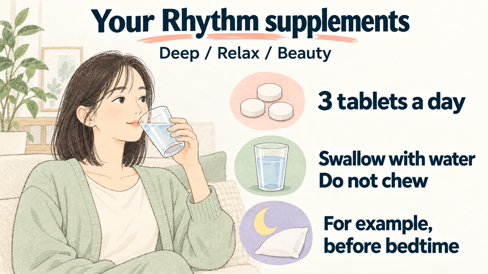 Your Rhythm daily intake: 3 tablets a day, swallowed with water without chewing, for example before bedtime. Tablets shown are illustrative.