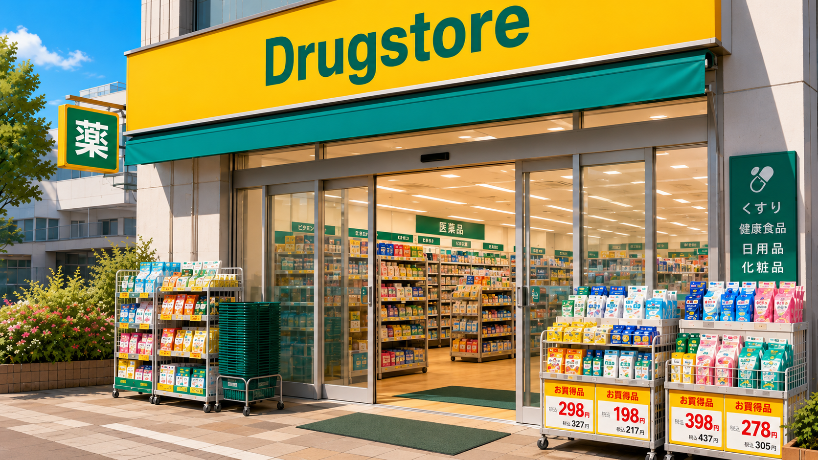 Japanese drugstore storefront illustration