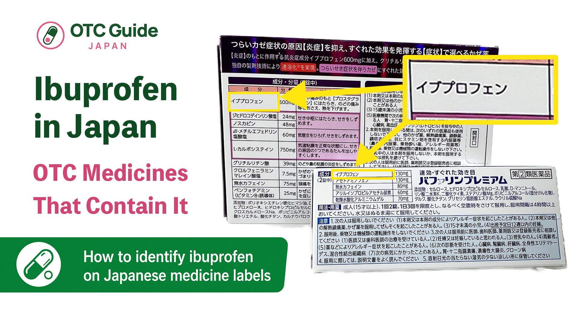 Japanese OTC medicine boxes containing ibuprofen