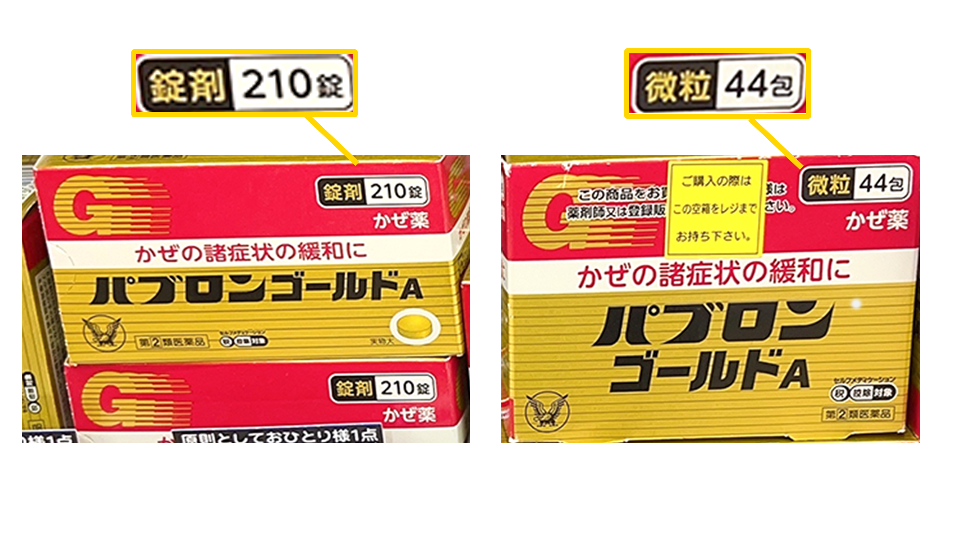 Pabron Gold A tablet version (錠剤 210錠) vs powder version (微粒 44包) side by side