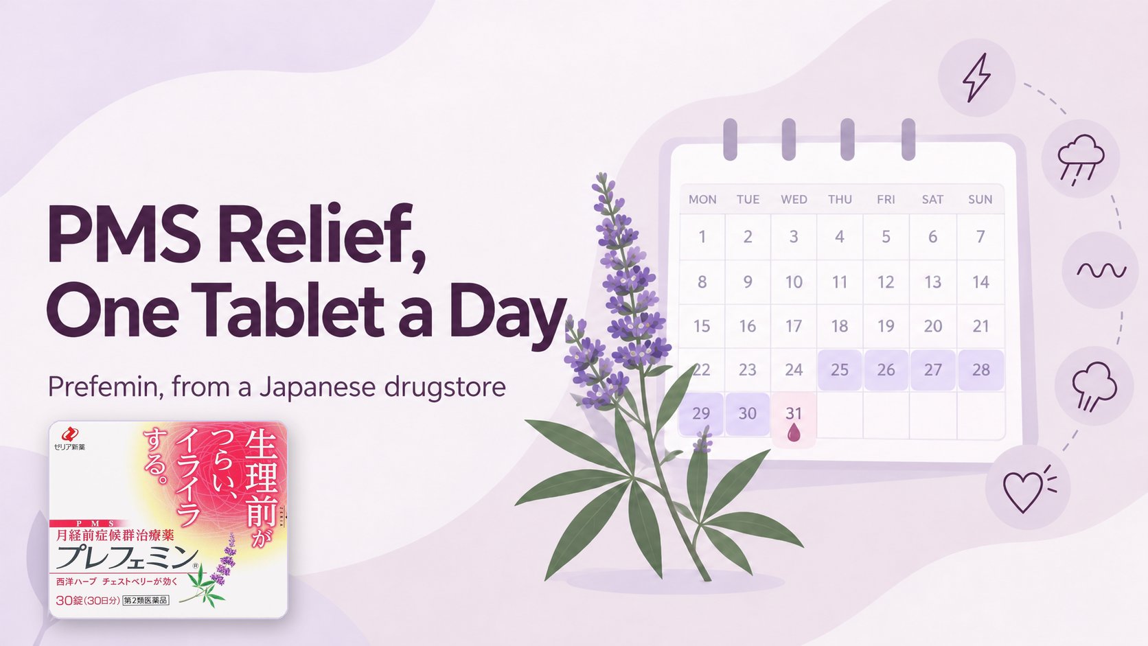 PMS relief, one tablet a day: a calendar with the days before a period highlighted, a chasteberry sprig, and icons for headache, irritability, mood swings, anger, and breast tension