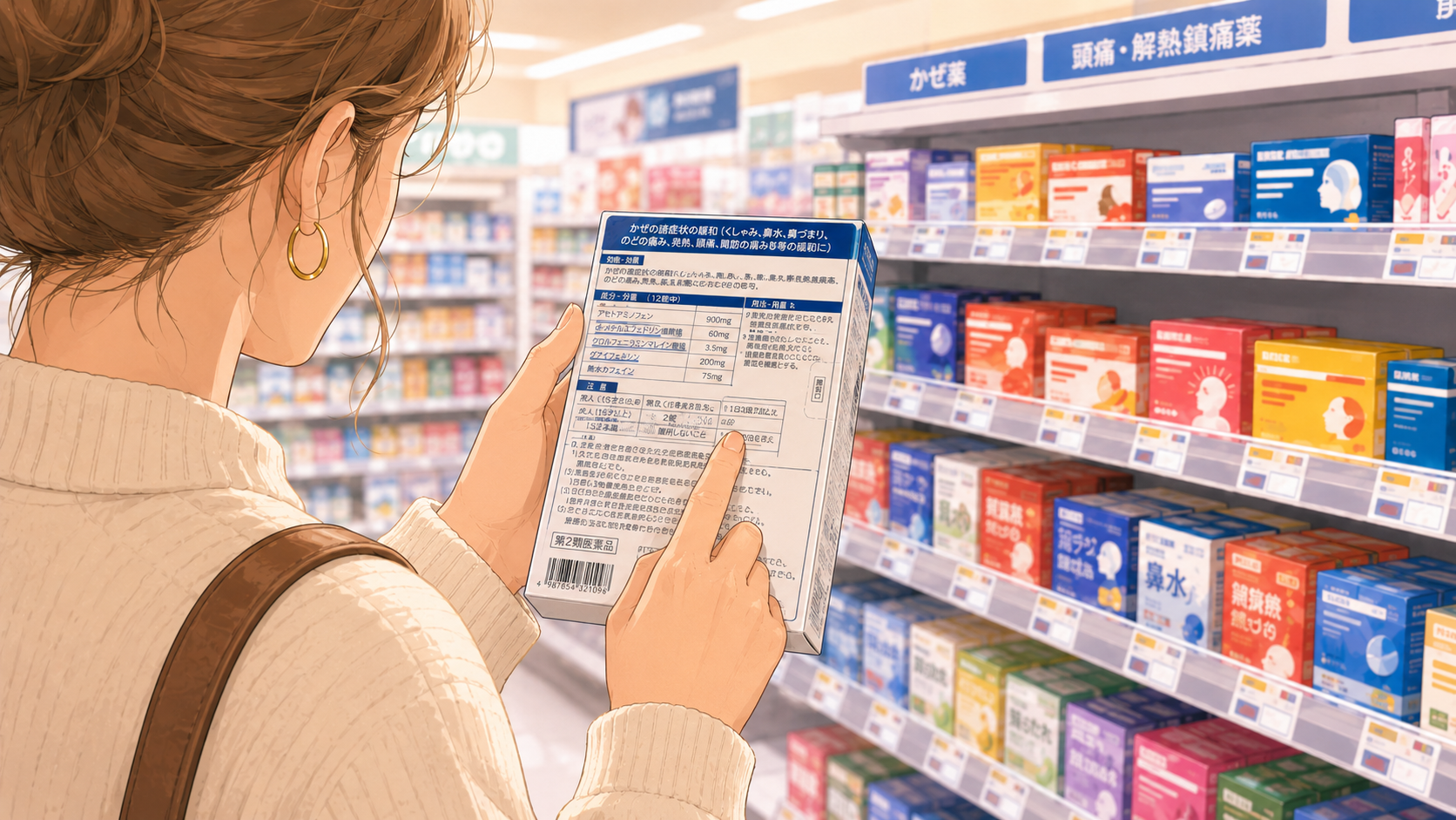 Woman reading the back of a Japanese medicine box at a drugstore