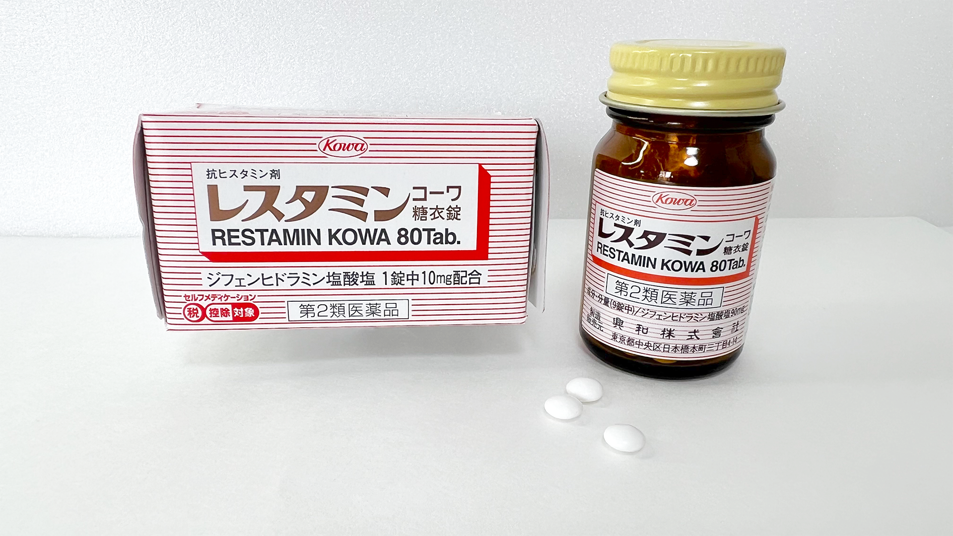 Restamin Kowa box, bottle, and tablets — Japan's diphenhydramine antihistamine