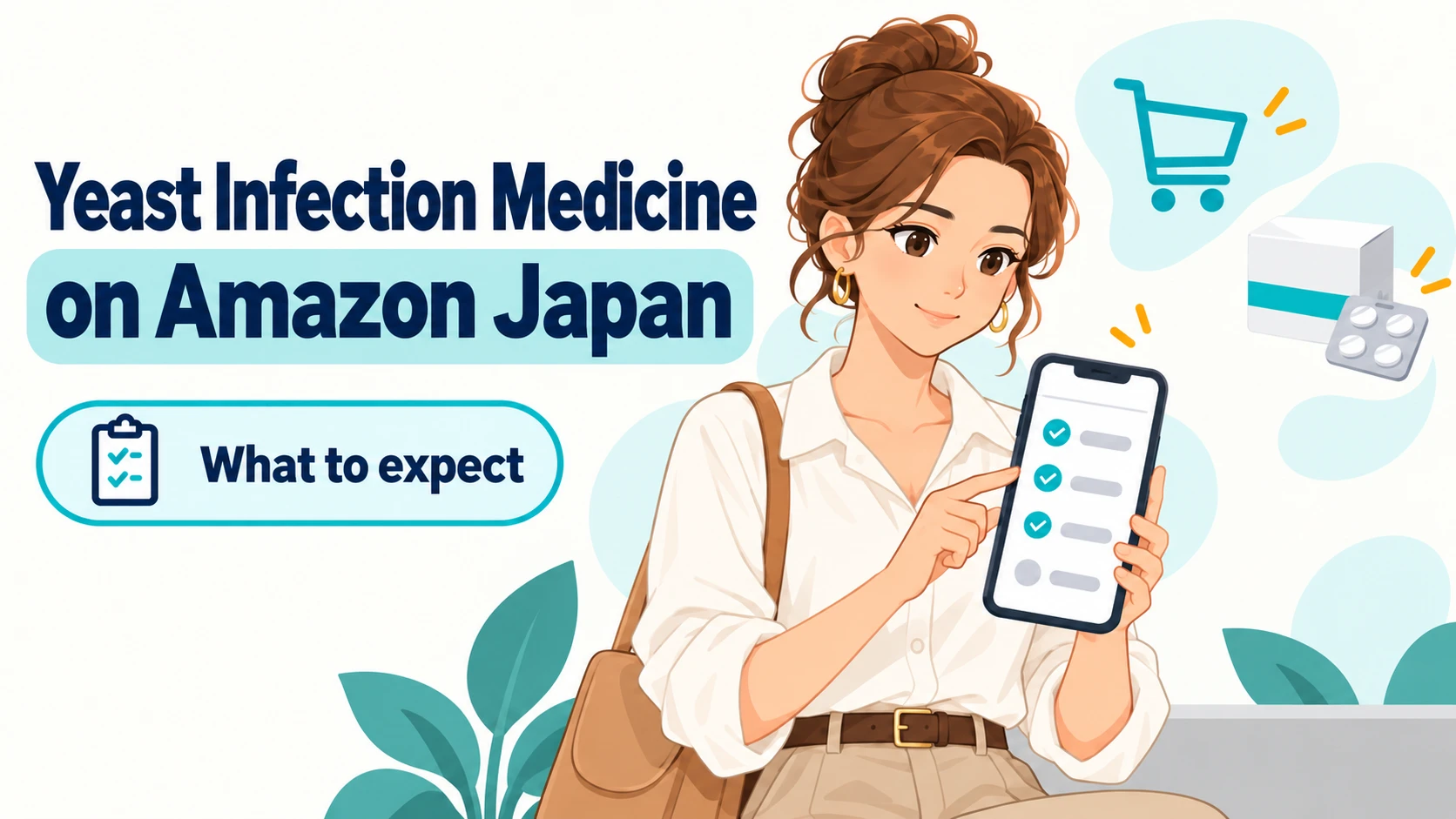 Emma checks the Amazon Japan questionnaire on her phone for yeast infection medicine